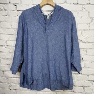 LL Bean Womens XL 100%‎ Linen Hoodie Blue Washable 3/4 Sleeve Pullover Popover